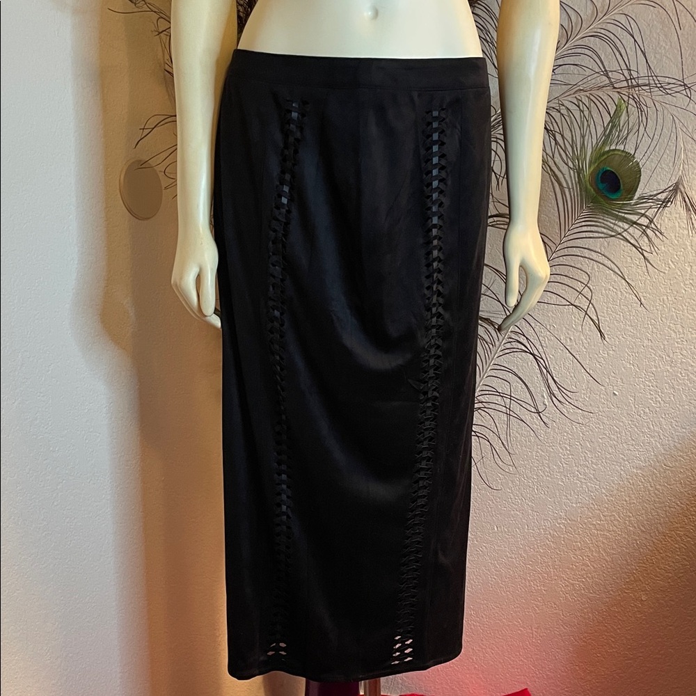 Sugarlips Black Pencil suede look modest Tznius Skirt with Laced Detail